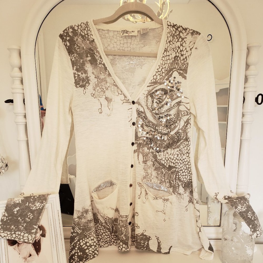 MISS ME Cardigan Top Button Down Cream Lightweight Sequins Off White Medium M